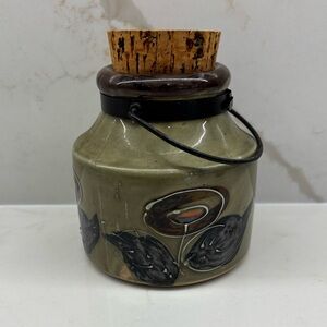 Vintage Olive Green National Silver Company Stoneware Canister with Cork Lid MCM
